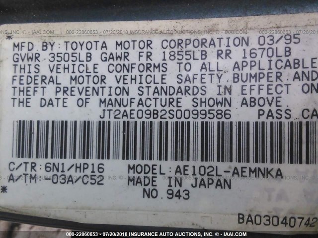 JT2AE09B2S0099586 - 1995 TOYOTA COROLLA LE/DX GREEN photo 9