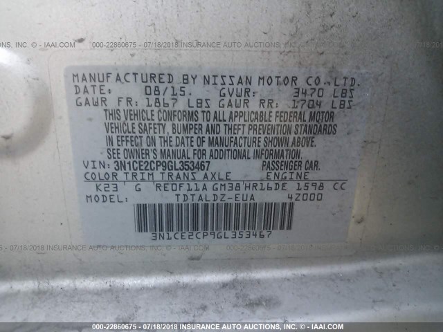 3N1CE2CP9GL353467 - 2016 NISSAN VERSA NOTE S/S PLUS/SV/SL/SR SILVER photo 9