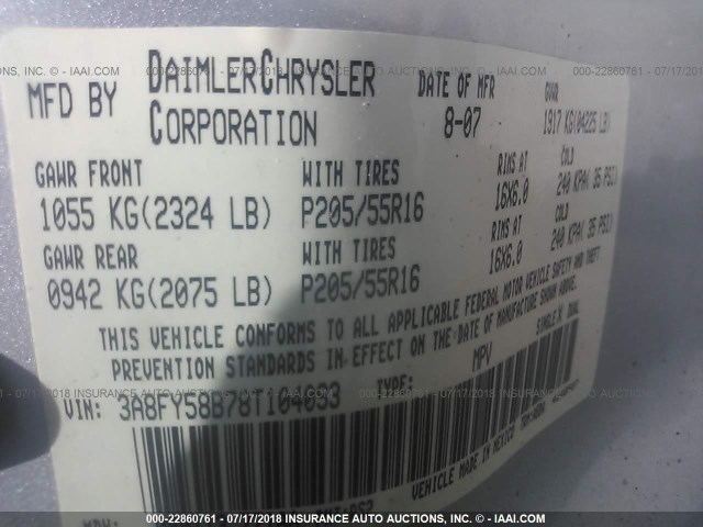 3A8FY58B78T104093 - 2008 CHRYSLER PT CRUISER TOURING SILVER photo 9