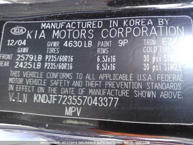 KNDJF723557043377 - 2005 KIA NEW SPORTAGE  BLACK photo 9