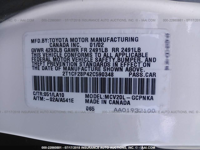 2T1CF28P42C590348 - 2002 TOYOTA CAMRY SOLARA SE/SLE თეთრი ფოტო 9