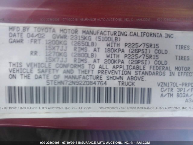 5TEHN72N92Z084764 - 2002 TOYOTA TACOMA DOUBLE CAB RED photo 9