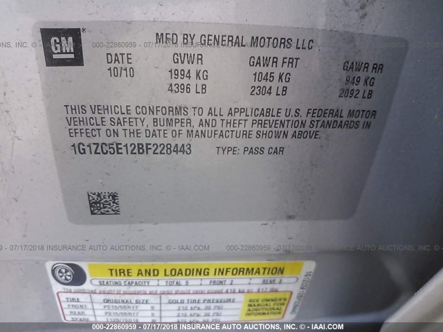 1G1ZC5E12BF228443 - 2011 CHEVROLET MALIBU 1LT 银色 照片 9