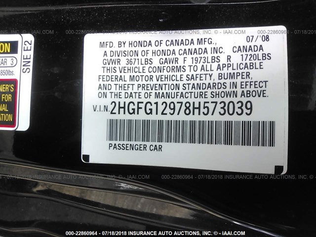 2HGFG12978H573039 - 2008 HONDA CIVIC EXL BLACK photo 9