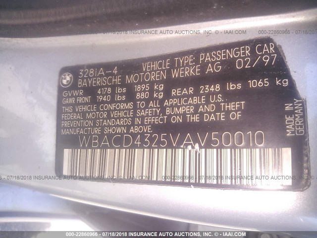 WBACD4325VAV50010 - 1997 BMW 328 I AUTOMATIC SILVER photo 9