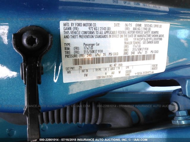 1FADP3J21FL333786 - 2015 FORD FOCUS TITANIUM BLUE photo 9