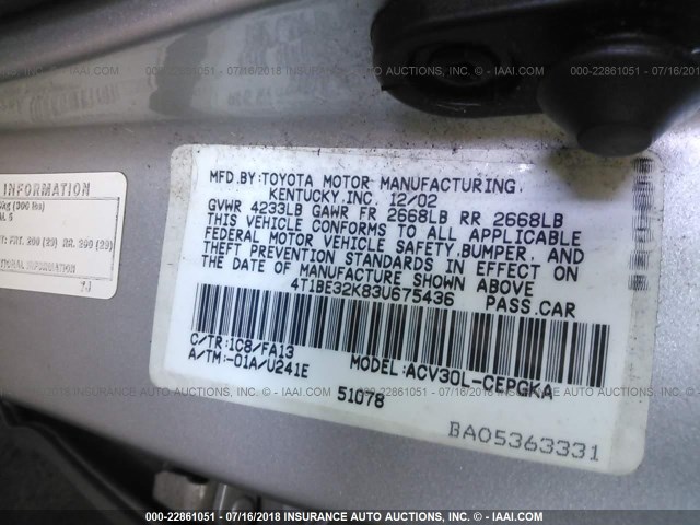 4T1BE32K83U675436 - 2003 TOYOTA CAMRY LE/XLE/SE 银色 照片 9