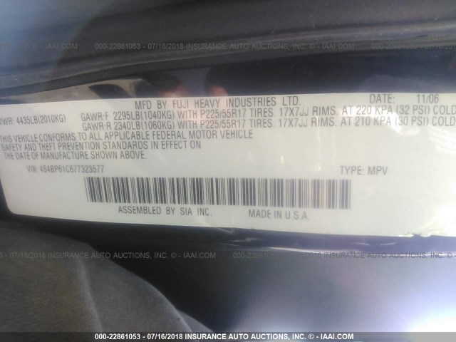 4S4BP61C677323577 - 2007 SUBARU LEGACY OUTBACK 2.5I BLACK photo 9