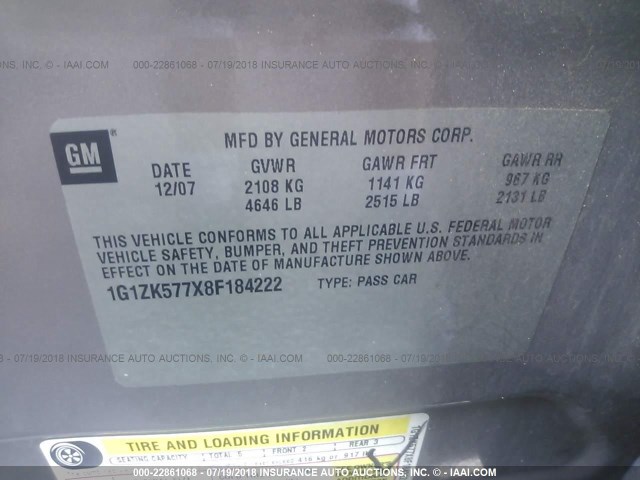 1G1ZK577X8F184222 - 2008 CHEVROLET MALIBU LTZ 金色 照片 9