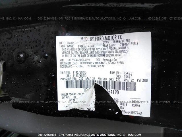 1FAFP34N47W364190 - 2007 FORD FOCUS ZX4/S/SE/SES 黑色 照片 9