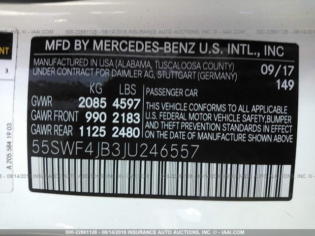55SWF4JB3JU246557 - 2018 MERCEDES-BENZ C 300 WHITE photo 9