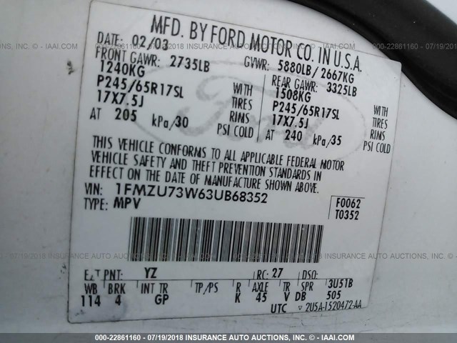 1FMZU73W63UB68352 - 2003 FORD EXPLORER XLT/XLT SPORT/NBX 白色 照片 9