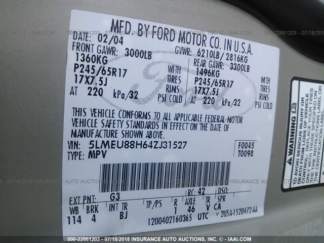 5LMEU88H64ZJ31527 - 2004 LINCOLN AVIATOR 香槟色 照片 9