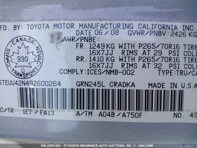 5TEUU42N49Z600264 - 2009 TOYOTA TACOMA ACCESS CAB Күміс фото 9