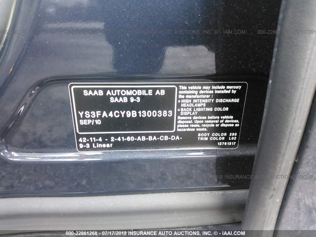 YS3FA4CY9B1300383 - 2011 SAAB 9-3 2.0T BLUE photo 9