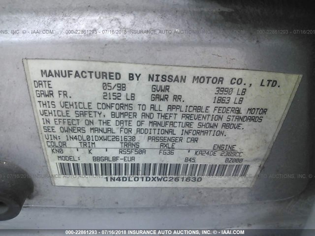 1N4DL01DXWC261630 - 1998 NISSAN ALTIMA XE/GXE/SE/GLE SILVER photo 9