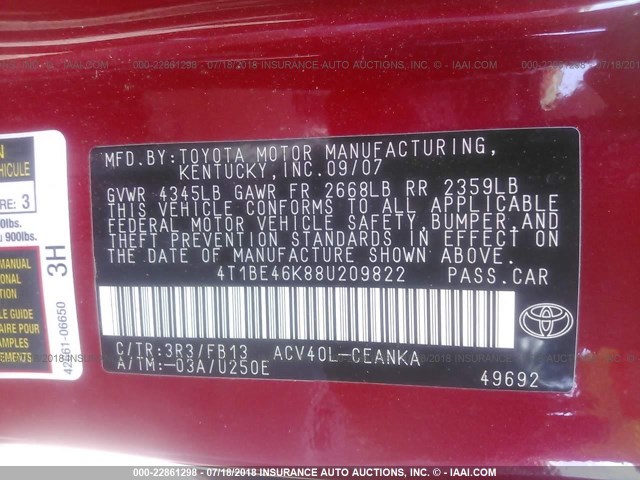 4T1BE46K88U209822 - 2008 TOYOTA CAMRY CE/LE/XLE/SE RED photo 9