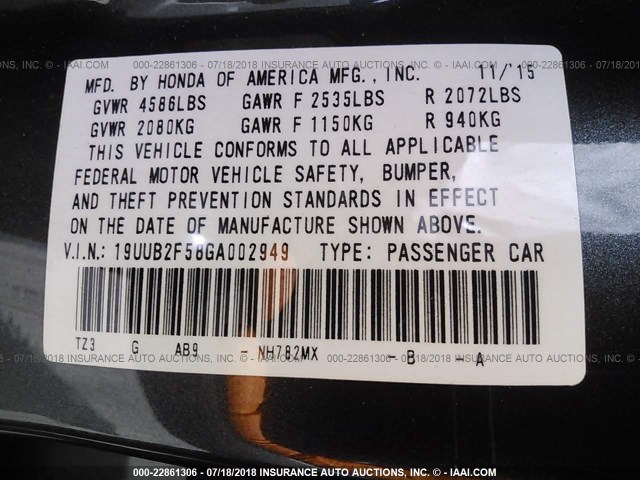 19UUB2F58GA002949 - 2016 ACURA TLX TECH GRAY photo 9