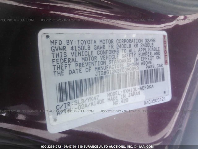 JT2BG12K3T0380893 - 1996 TOYOTA CAMRY DX/LE/XLE BURGUNDY photo 9