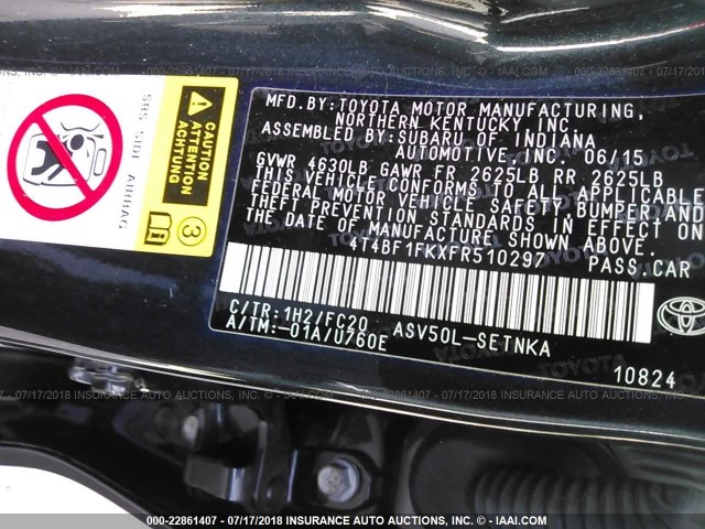 4T4BF1FKXFR510297 - 2015 TOYOTA CAMRY LE/XLE/SE/XSE 黑色 照片 9