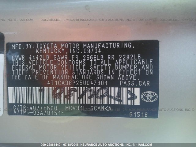 4T1CA38P25U047801 - 2005 TOYOTA CAMRY SOLARA SE/SLE ოქროსფერი ფოტო 9