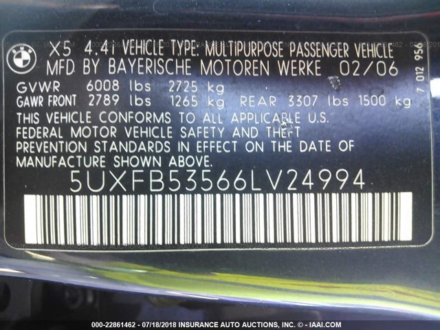 5UXFB53566LV24994 - 2006 BMW X5 4.4I BLUE photo 9