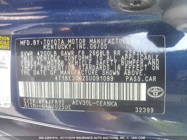 4T1BE30K25U091099 - 2005 TOYOTA CAMRY LE/XLE/SE Mavi foto 9