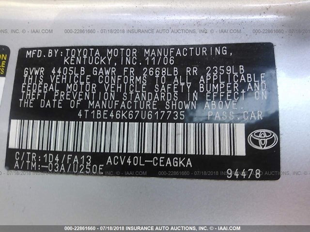 4T1BE46K67U617735 - 2007 TOYOTA CAMRY NEW GENERAT CE/LE/XLE/SE GRAY photo 9