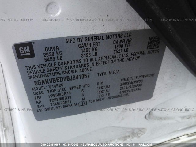 5GAKVBED0BJ341057 - 2011 BUICK ENCLAVE CXL 白色 照片 9