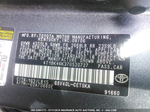 4T1BK46K37U520727 - 2007 TOYOTA CAMRY NEW GENERAT LE/XLE/SE GRAY photo 9