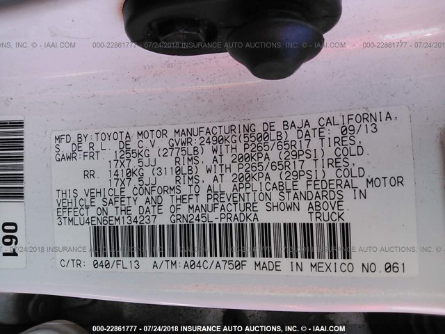 3TMLU4EN6EM134237 - 2014 TOYOTA TACOMA DOUBLE CAB თეთრი ფოტო 9