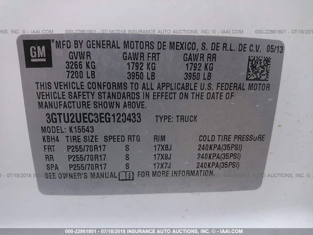 3GTU2UEC3EG120433 - 2014 GMC SIERRA K1500 SLE WHITE photo 9