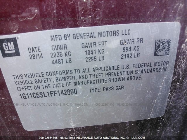 1G11C5SL1FF142890 - 2015 CHEVROLET MALIBU 1LT MAROON photo 9