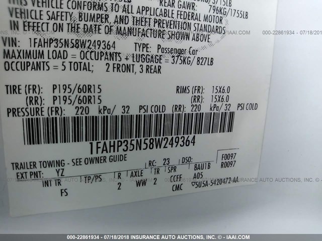 1FAHP35N58W249364 - 2008 FORD FOCUS SE/SEL/SES WHITE photo 9