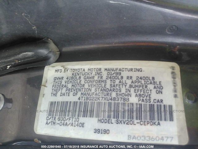 4T1BG22K7XU483788 - 1999 TOYOTA CAMRY CE/LE/XLE 灰色 照片 9