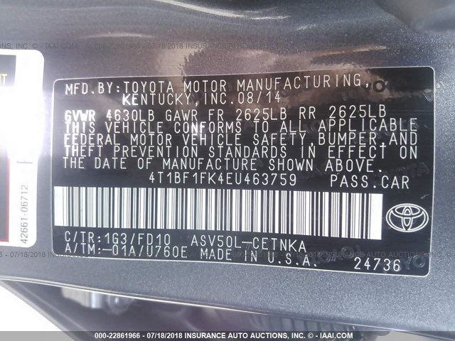 4T1BF1FK4EU463759 - 2014 TOYOTA CAMRY L/SE/LE/XLE ნაცრისფერი ფოტო 9