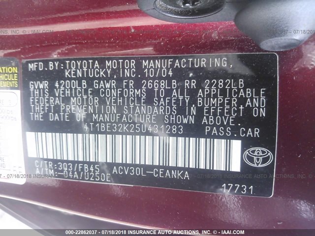 4T1BE32K25U431283 - 2005 TOYOTA CAMRY LE/XLE/SE 栗色 照片 9