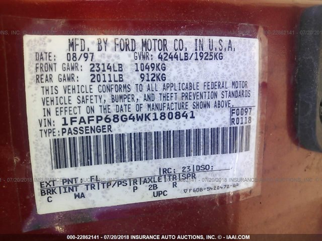 1FAFP68G4WK180841 - 1998 FORD CONTOUR SVT RED photo 9