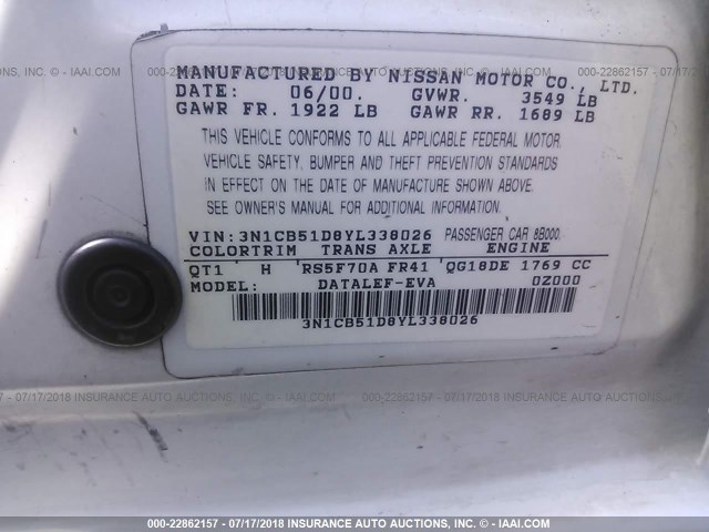 3N1CB51D8YL338026 - 2000 NISSAN SENTRA XE/GXE WHITE photo 9