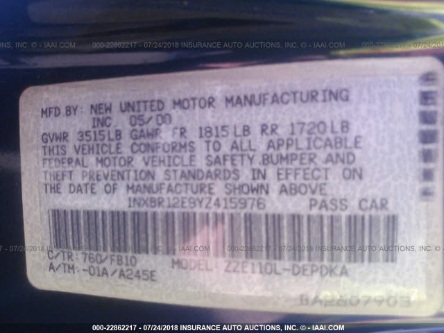 1NXBR12E9YZ415976 - 2000 TOYOTA COROLLA VE/CE/LE BLUE photo 9