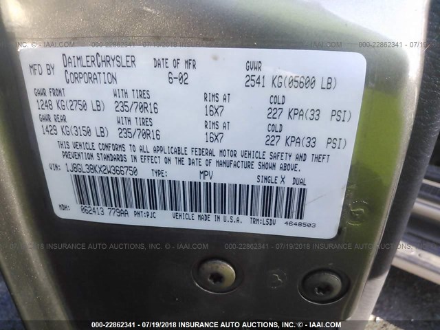 1J8GL38KX2W366750 - 2002 JEEP LIBERTY RENEGADE 银色 照片 9