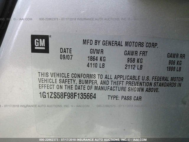 1G1ZS58F98F135664 - 2008 CHEVROLET MALIBU LS ვერცხლისფერი ფოტო 9