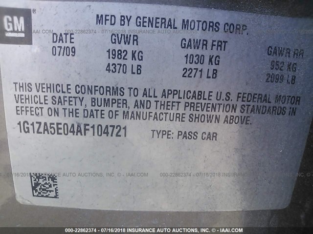 1G1ZA5E04AF104721 - 2010 CHEVROLET MALIBU LS Қоңыр фото 9