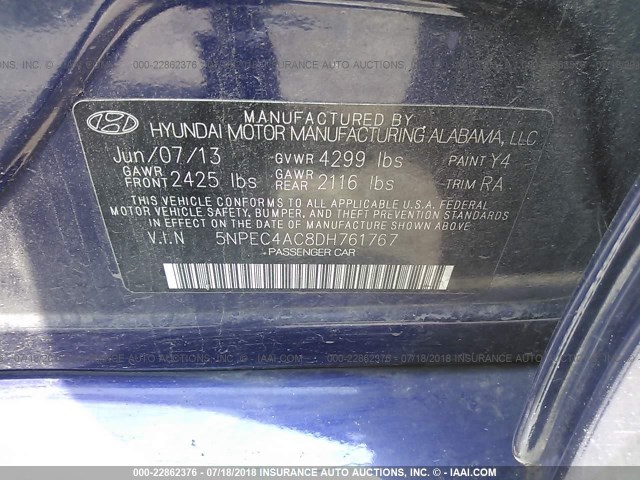 5NPEC4AC8DH761767 - 2013 HYUNDAI SONATA SE/LIMITED BLUE photo 9