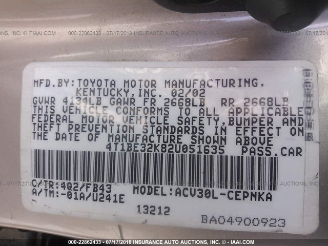 4T1BE32K82U051635 - 2002 TOYOTA CAMRY LE/XLE/SE Алтын фото 9