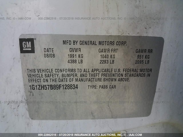 1G1ZH57B89F128834 - 2009 CHEVROLET MALIBU 1LT 白色 照片 9