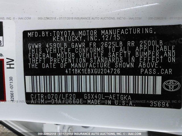 4T1BK1EBXGU204726 - 2016 TOYOTA AVALON XLE PLUS/PREMIUM/TOUR/LTD WHITE photo 9