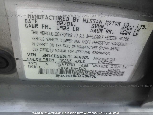 3N1CB51D61L484706 - 2001 NISSAN SENTRA XE/GXE TAN photo 9