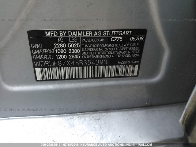 WDBUF87X48B354393 - 2008 MERCEDES-BENZ E 350 4MATIC SILVER photo 9