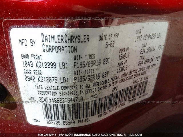 3C4FY48B23T644719 - 2003 CHRYSLER PT CRUISER CLASSIC RED photo 9